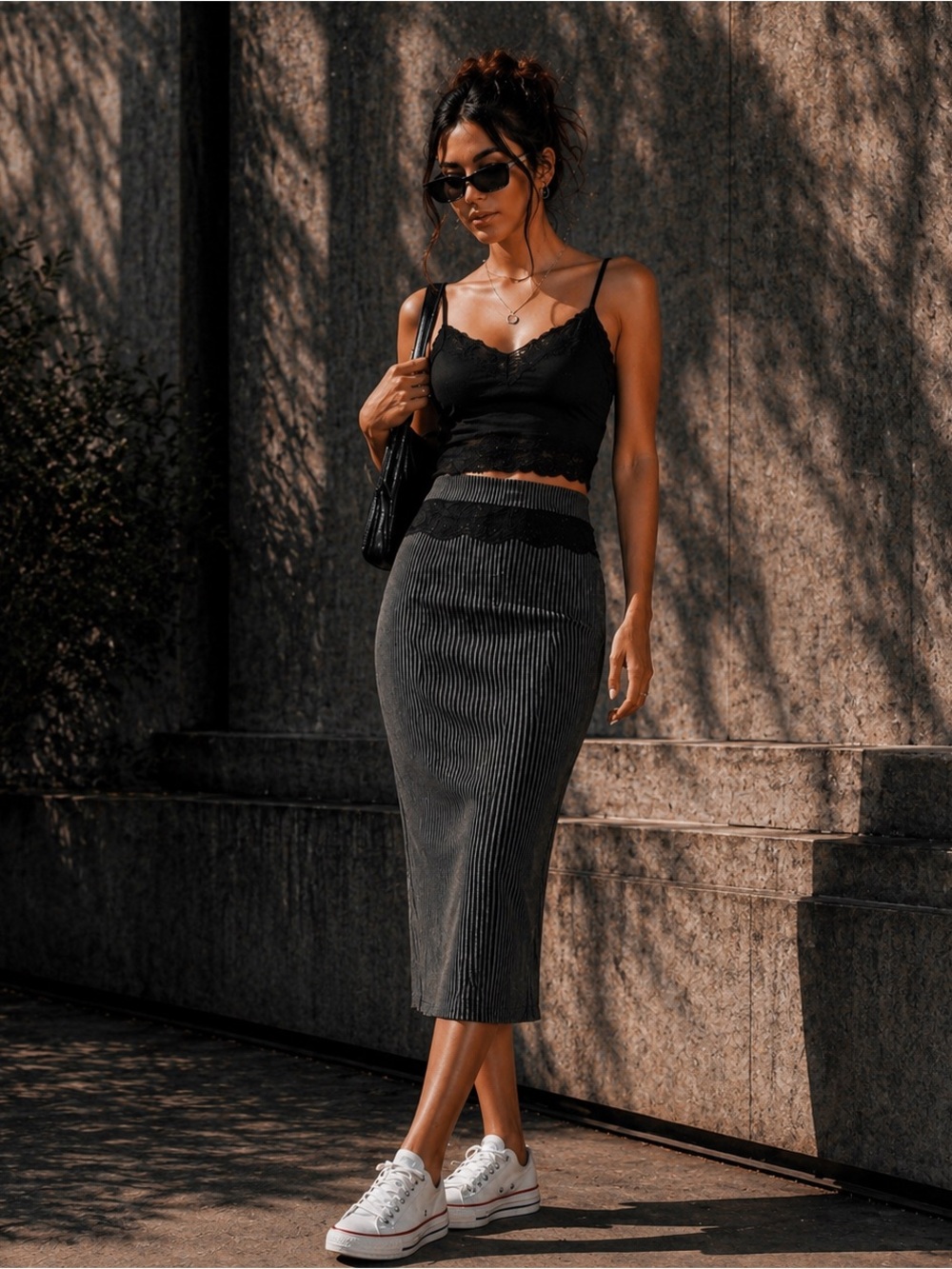 Y2K Pinstripe Midi Skirt | Lace | High Waist Pencil | Streetwear to Office Chic